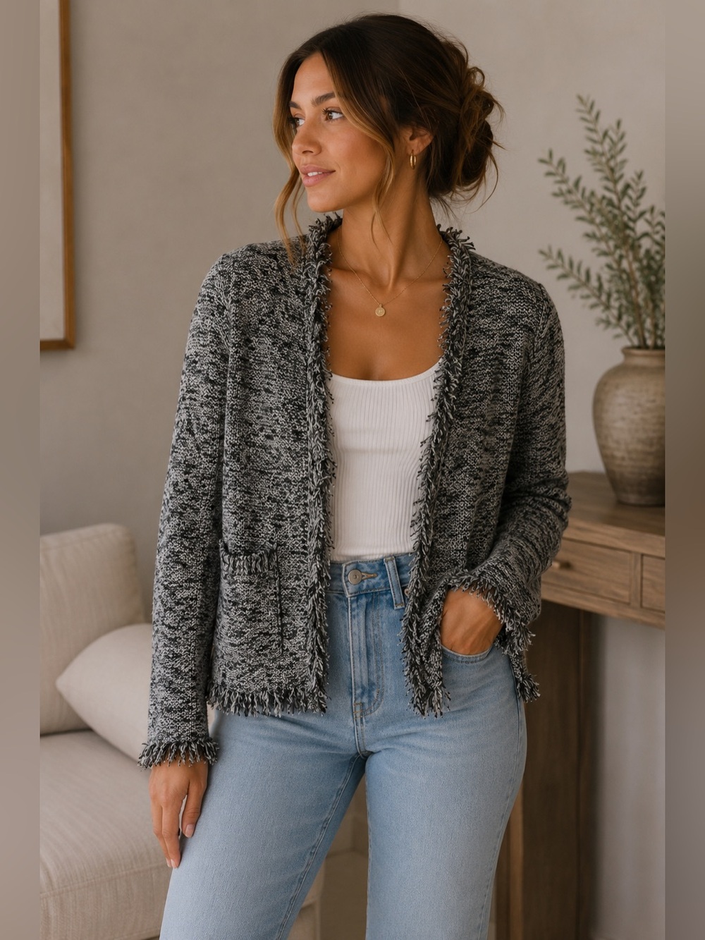 Angel Of The North Black and Gray Textured Open Cardigan Size XS Fringe Boho